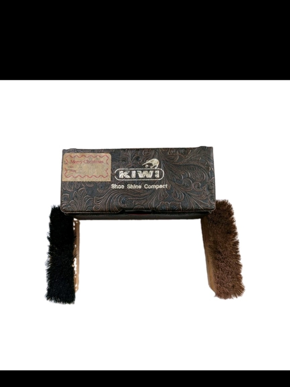 Vintage Kiwi Travel Shoe Shine Compact Kit Faux Tooled Leather Case Two Brushes